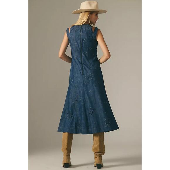 BY ANTHROPOLOGIE Grommet Denim Midi Dress Western Rodeo Flare Studded Size 4P - Picture 3 of 12